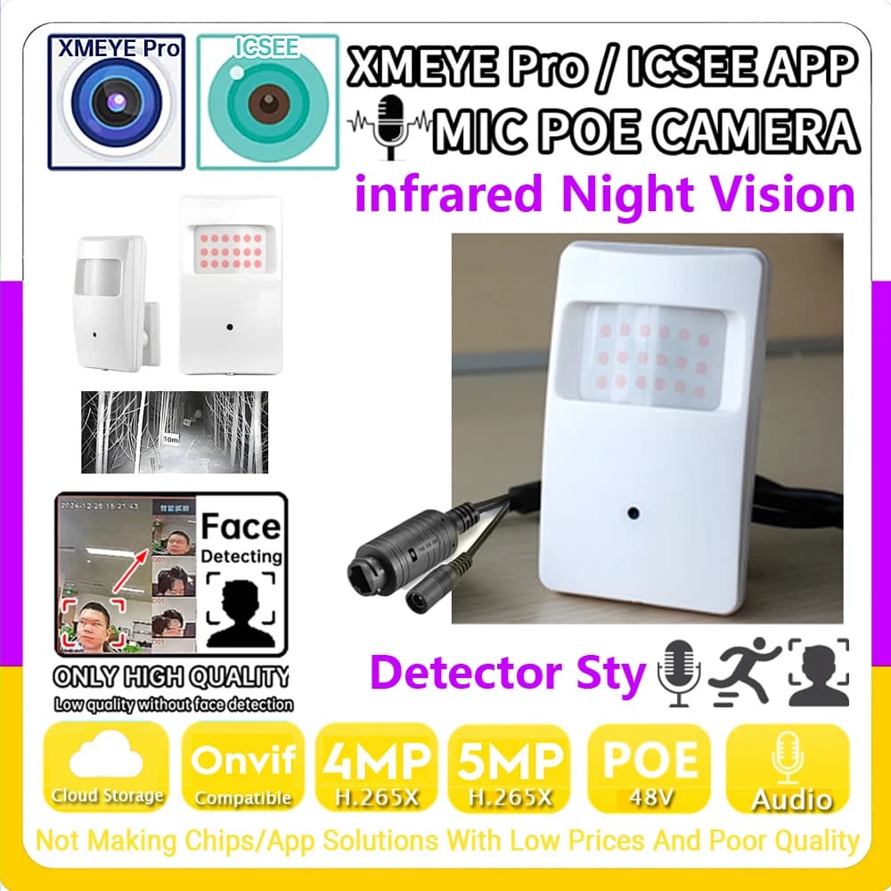 POE Mini IP Camera with Night Vision 18LED, Audio, 4MP 5MP H.265 HD, Microphone, Onvif, Viso/Movement AI Detection, Xmeye Pro, Webcam RJ45
