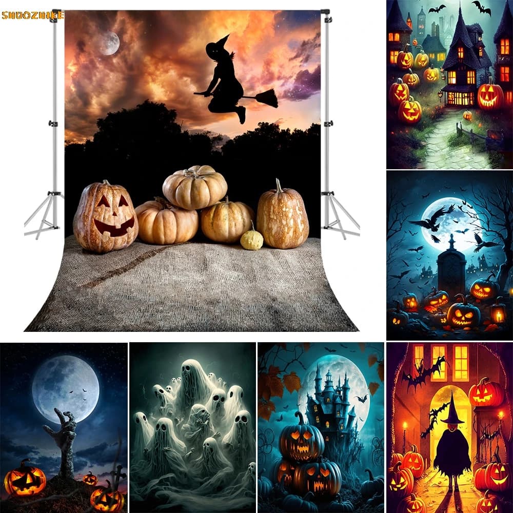Sfondo fotografico Halloween Photophone Notte Luna Pipistrello Castello Albero Gatto Strega Fondali fotografici Decorazione per feste Puntelli