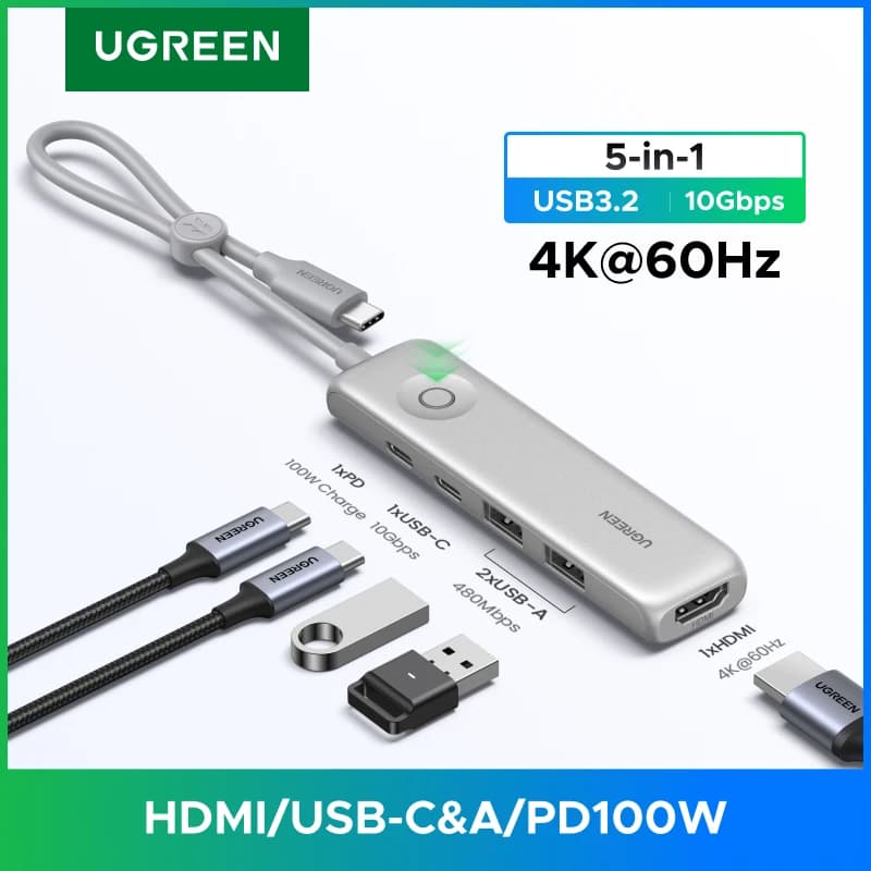UGREEN Docking Station USB-C 5-in-1 con HDMI 4K@60Hz, Ricarica Rapida PD 3.0, Adattatore USB 3.2 per Laptop