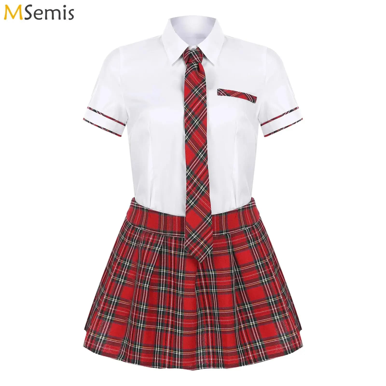 Costume cosplay da scolaretta da donna da 3 pezzi, costume da festa di Halloween, uniforme scolastica, camicia a maniche corte con gonna scozzese e set di cravatte
