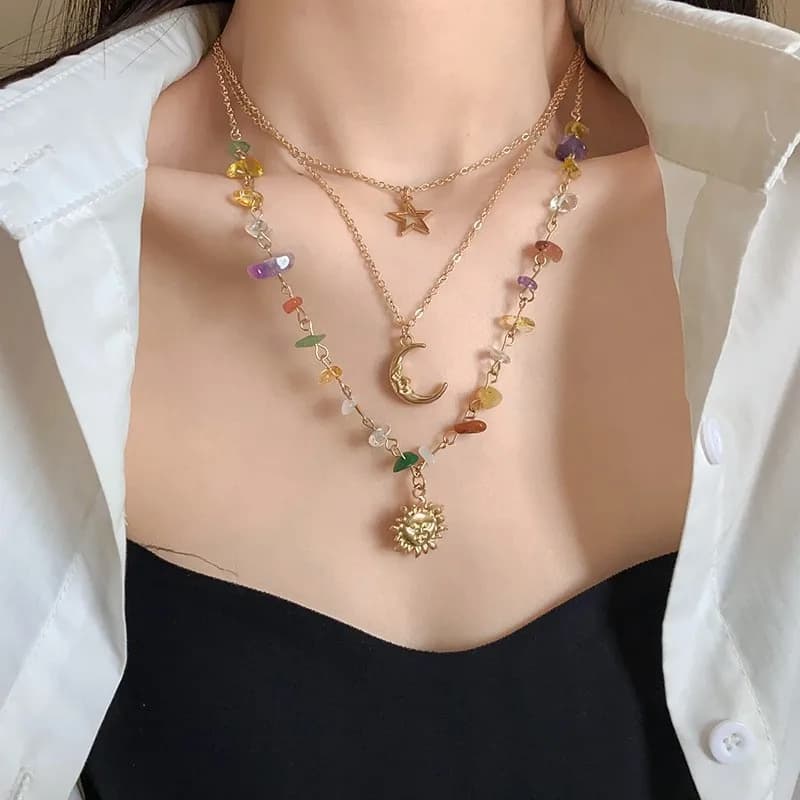 European and American sweet and cool holiday style irregular gravel necklace female mint diffuse wave wind moon pendant stacked necklace