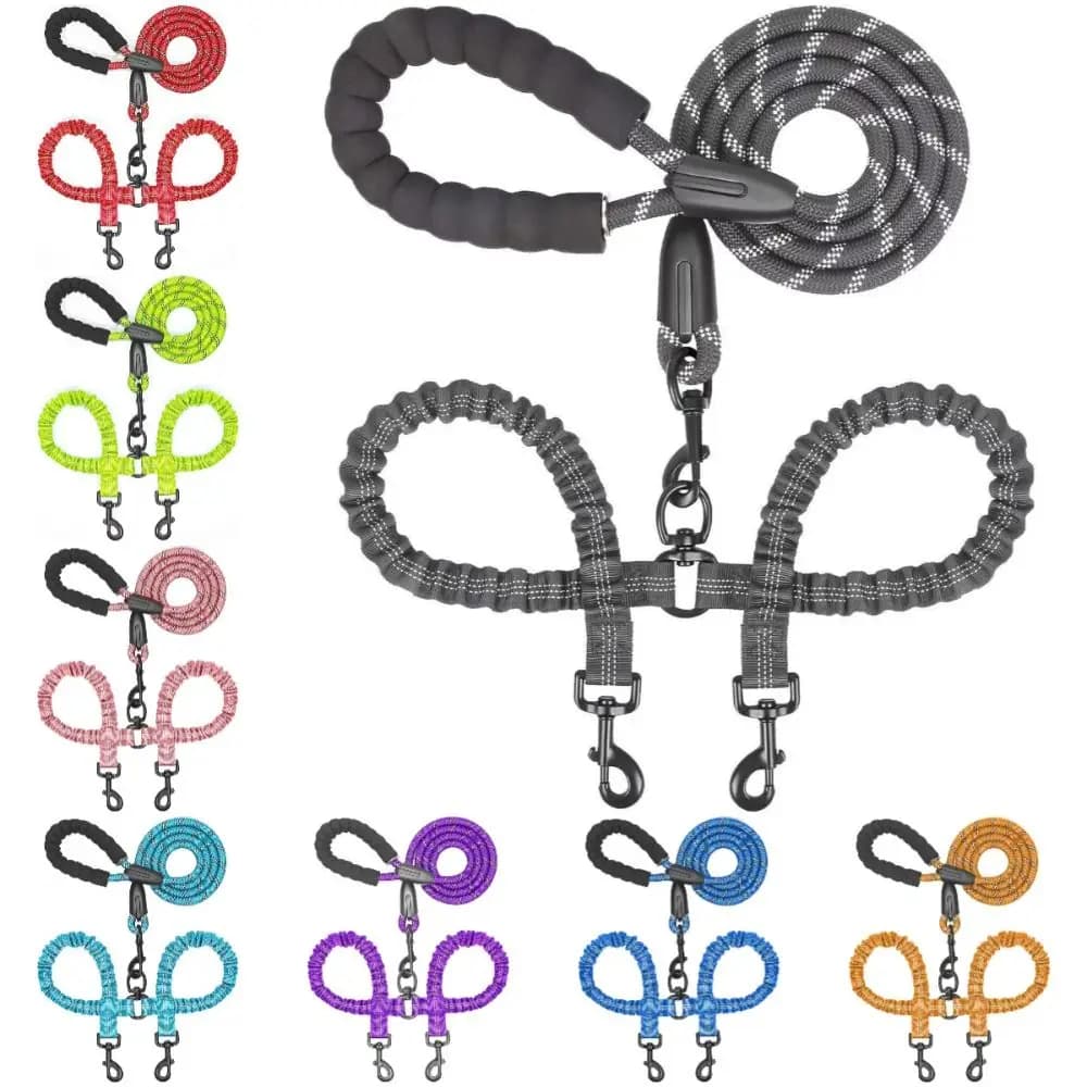 Guinzaglio Doppio per Cani con Assorbimento degli Urti, Corda Elastica in Nylon, Maniglia Multifunzionale Confortevole