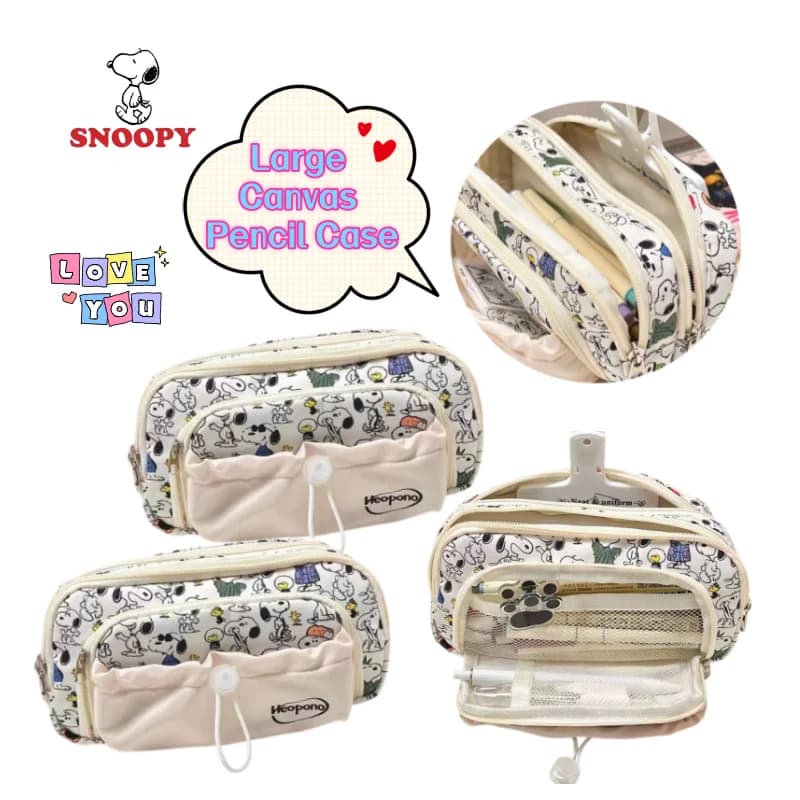 New Snoopy Drawstring Canvas Pencil Case Cartoon Student Large Capacity Multi-layer Stationery Bag High-value Large Storage Bag
