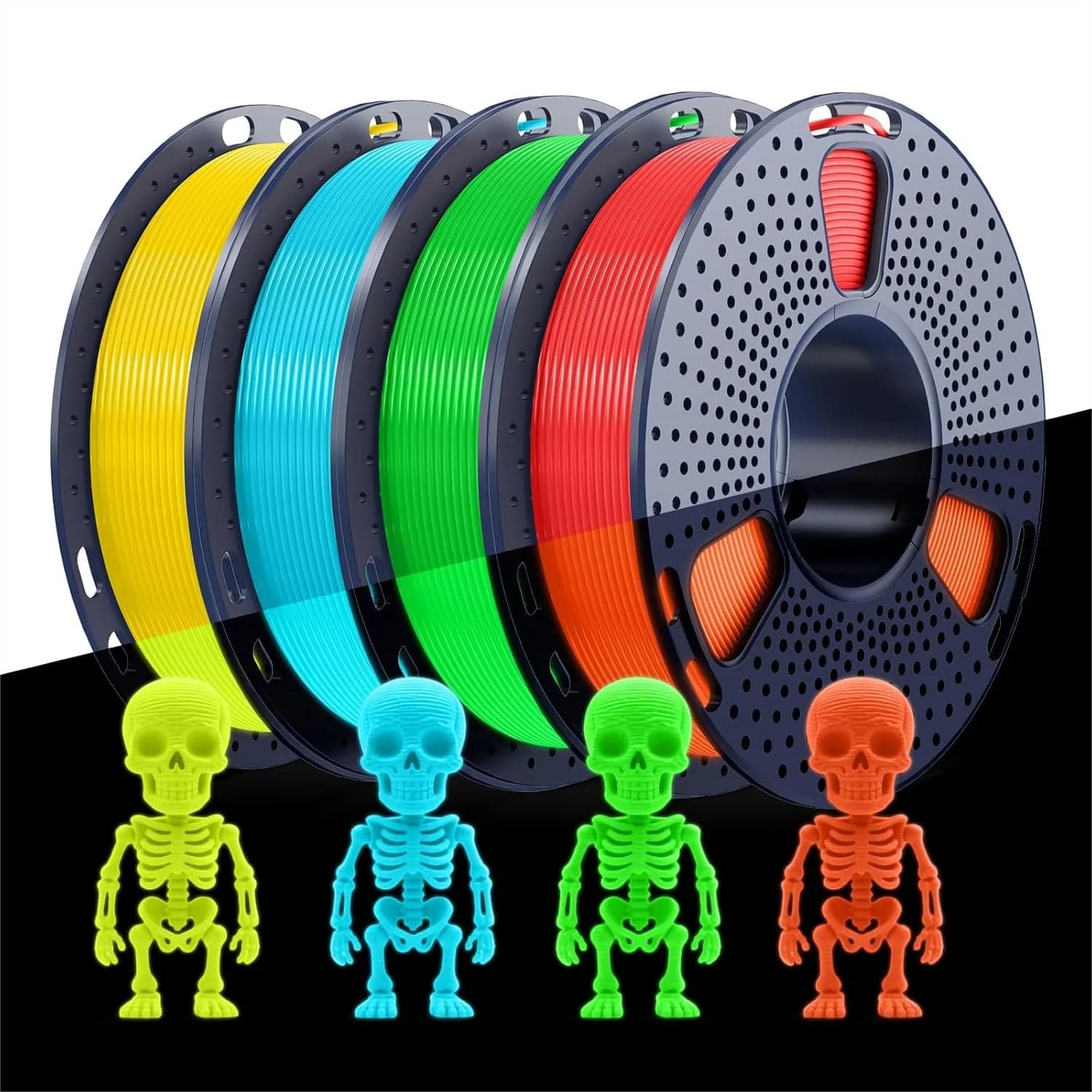 Filamento PLA Luminoso 1.75mm, Set di 4 Colori da 250g Ciascuno, Filamento per Stampante 3D Fluorescente con Confezione Sottovuoto