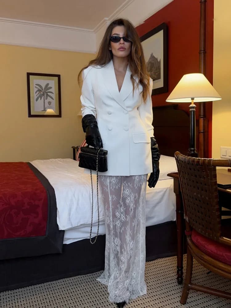 HH Cappotto blazer design con chiusura in vita doppiopetto con risvolto moda donna + set gonna a vita alta a trapezio con cerniera posteriore traslucida
