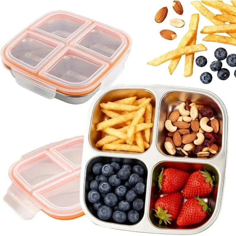 4-Compartment Stainless Steel Snack & Lunch Box with Lid - Heavy-Duty 304 Bento Container, Divided Meal Prep Tray for, Office