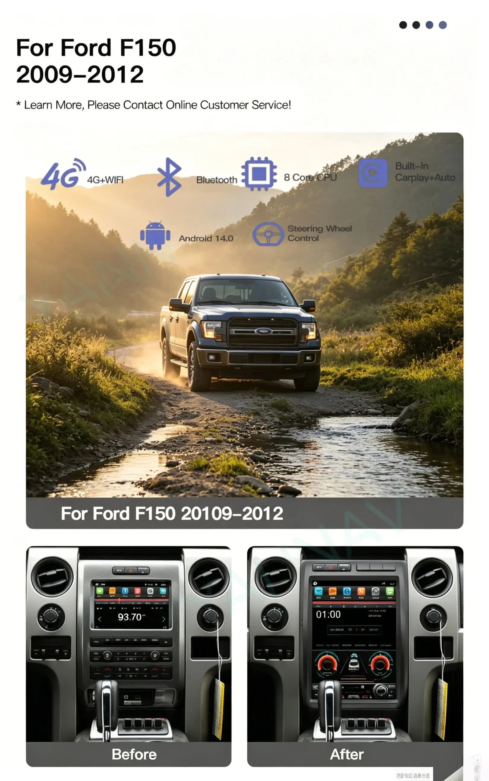 12.1 Inch Touch Screen Android 14 Wireless CarPlay GPS Navi Bluetooth DSP Multimedia Head Unit For Ford F150 2013-2015