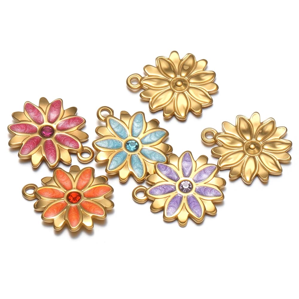 5 Pezzi Ciondoli in Acciaio Inossidabile con Zirconi e Smalto a Forma di Girasole per Creazione Gioielli Fai da Te, Collane, Bracciali, Pendenti e Orecchini per Ragazze