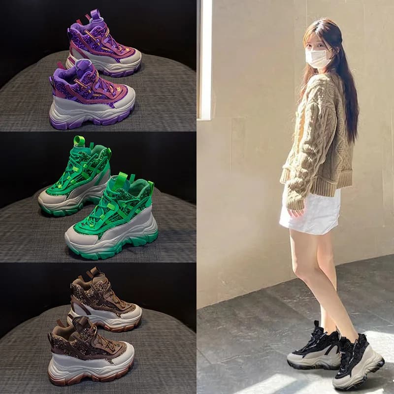 2025 Scarpe da ginnastica con zeppa nascosta da donna Suola da 8,5 cm Scarpe con plateau robuste Glitter Moda casual Suola spessa Scarpe da passeggio invernali