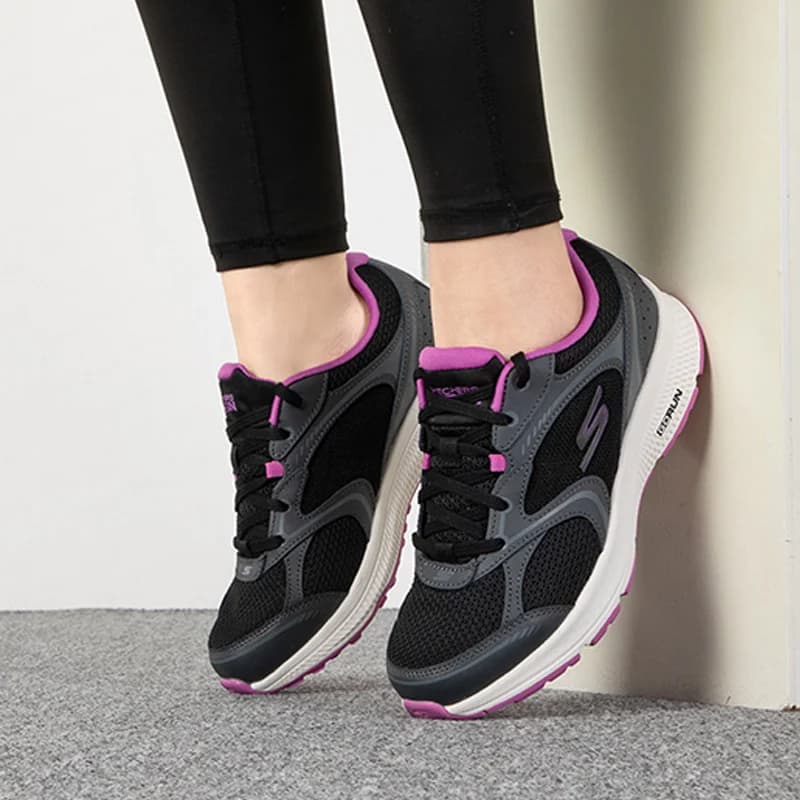 Women Skechers 128280-BKPR Black Purple Mesh Running Shoes Cushion Light Breathable Athletic Walking Sneakers Daily Workout Gym