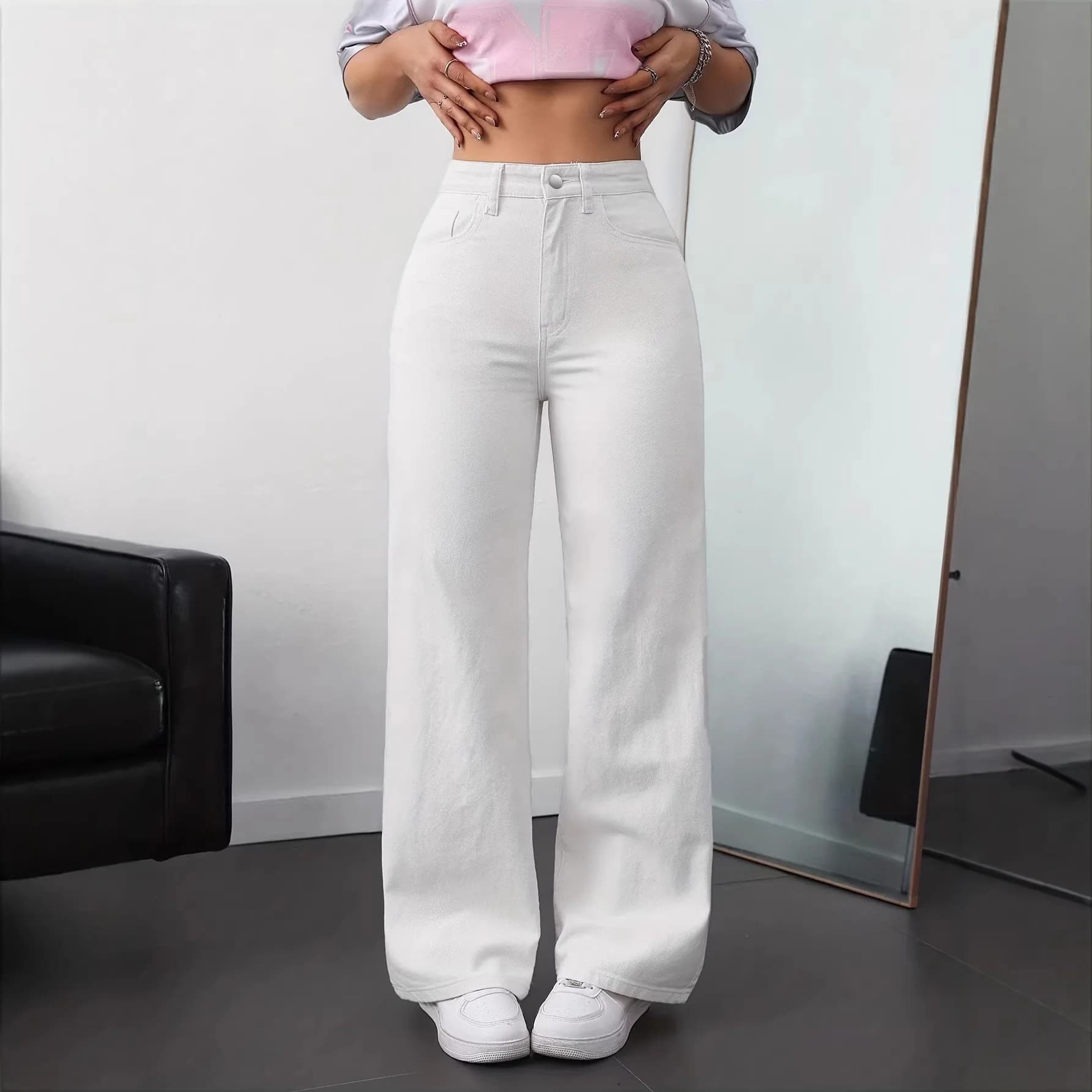 High Waist Loose Fit Straight Leg Jeans Women's White Wide Leg Pants Tapered Long Trousers Cross-Border Cotton Stretch Denim