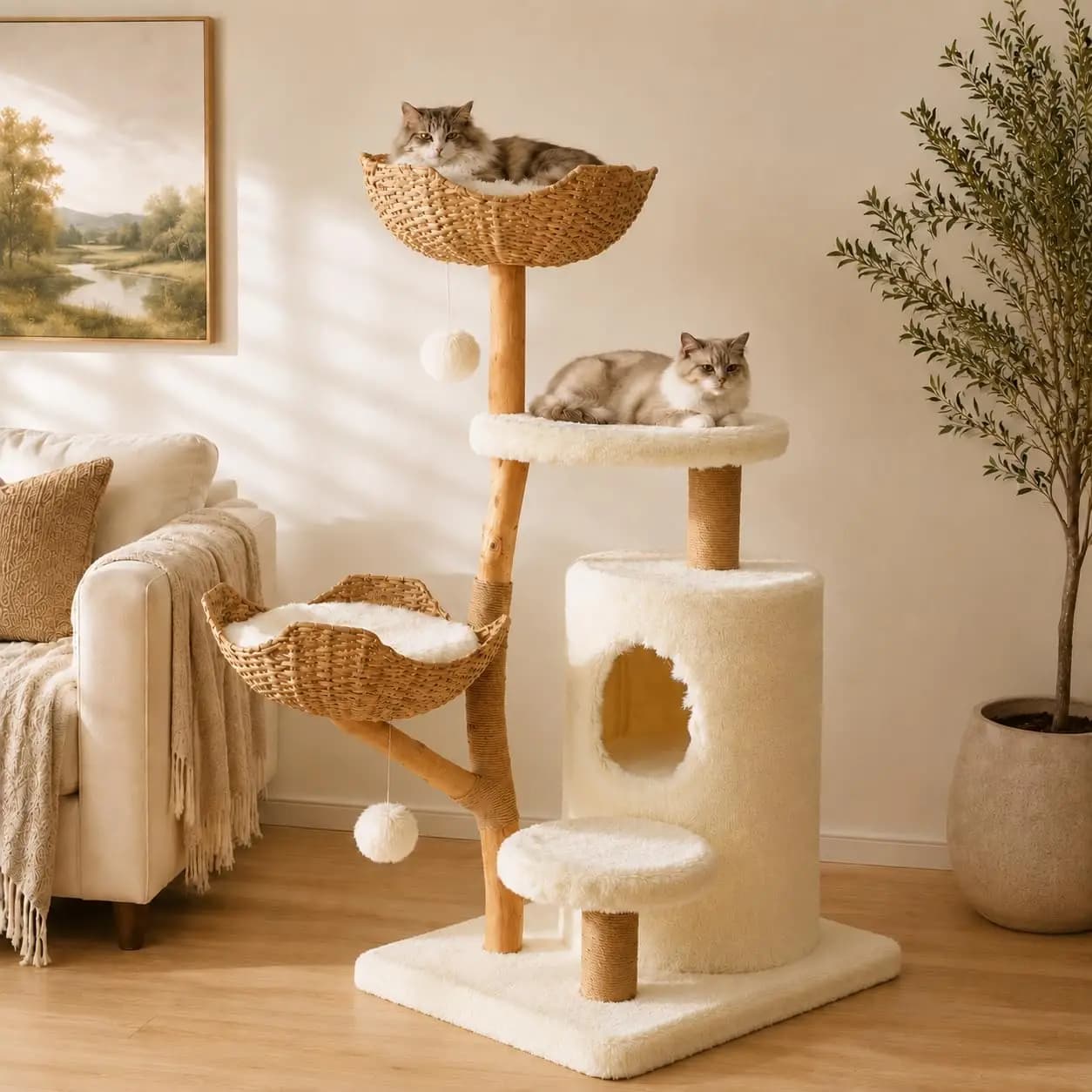 Erinnyees 52.2" Real Wood Cat Tree with Basket Beds, White | Plush perches, sisal posts, and woven baskets help cats nap, scratc