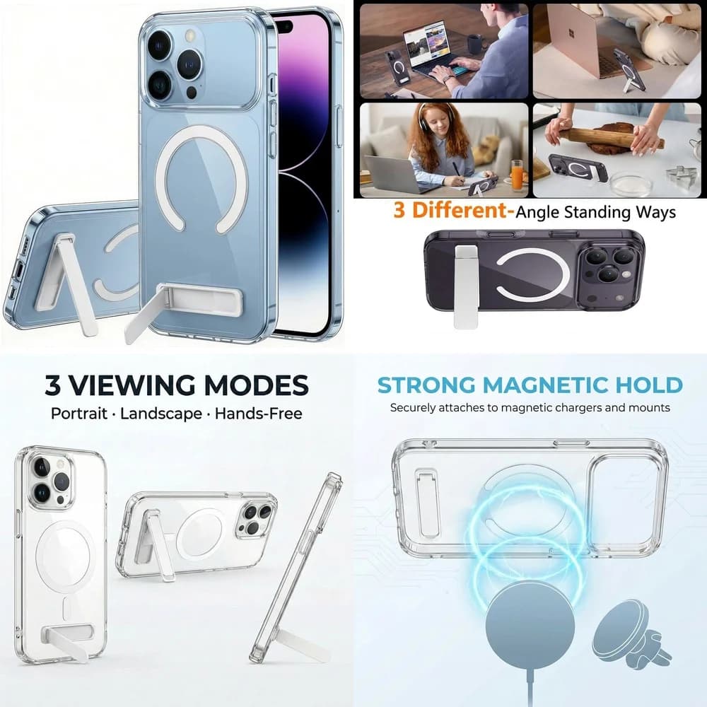 Best Seller Slim Magnetic Clear Case Hidden Kickstand Anti-Fingerprint for iPhone 11 12 13 14 15 16 17 Pro Max Plus mini