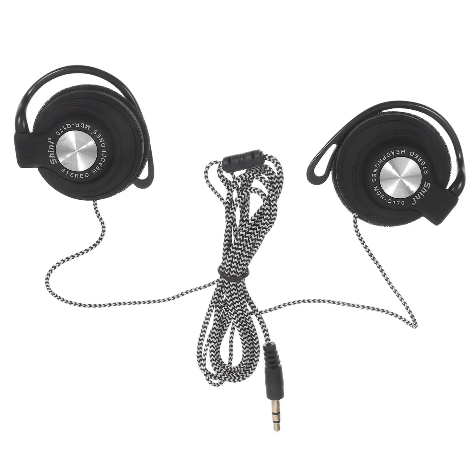 Headphones with ear hook 3.5 mm wired stereo earphones for phone, computer, TV, DVD, Mp3, black, light, durable, with clip on cable