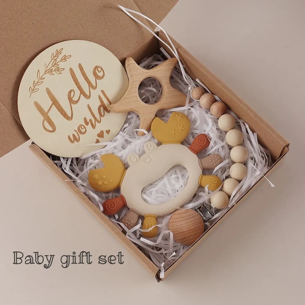 4pcs Baby Teething Gift Set - Crab Silicone Teether, Wooden Starfish Teether, Pacifier Clip Holder, Growth Chart Card