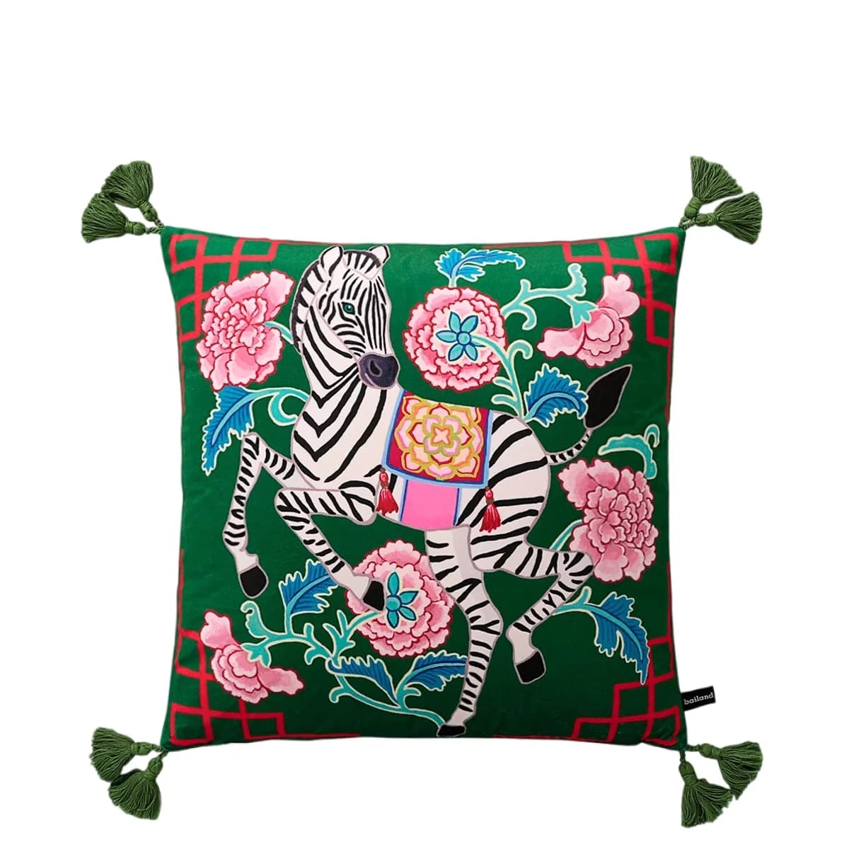 Fodera per cuscino Chinoiserie con zebra e peonie asiatiche, lussuosa federa decorativa con animali mistici e nappe, in morbido velluto