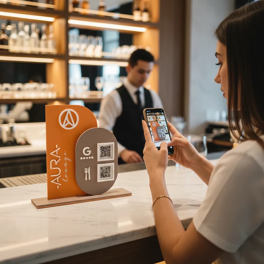 Customizable Acrylic Desktop QR Code Displays for Companies, Restaurants and QR Codes for Social Media to attract Followers
