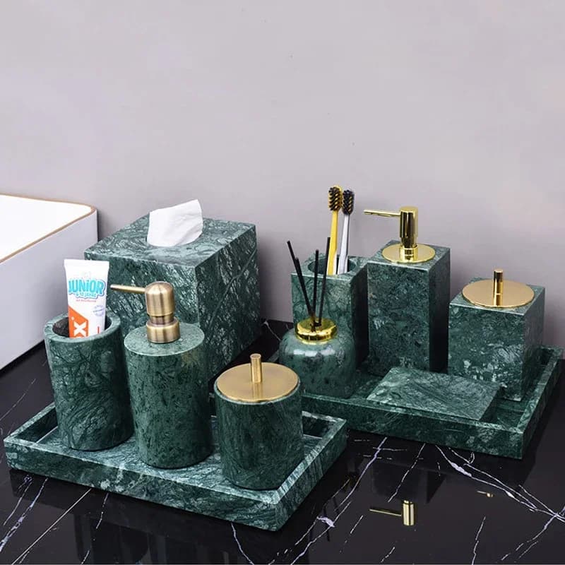 Set da bagno in marmo naturale verde scuro personalizzato all'ingrosso Kit dispenser di sapone portaspazzolino con vassoio di lusso nordico leggero