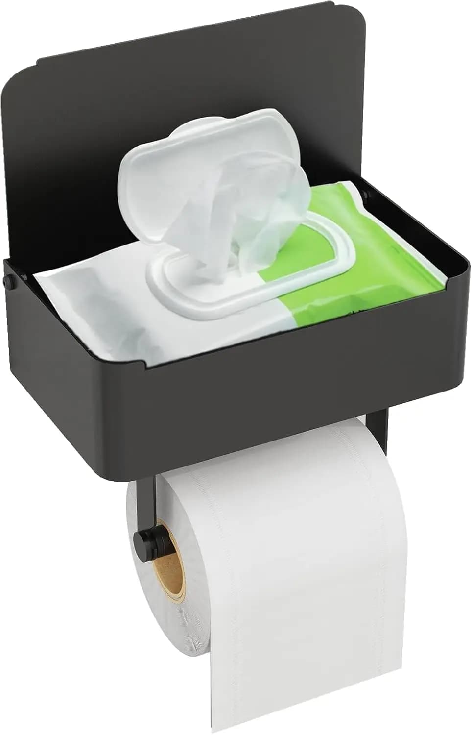 Portarotolo in Acciaio Inox con Mensola e Dispenser per Salviette, Organizzatore da Bagno a Parete in Nero Opaco