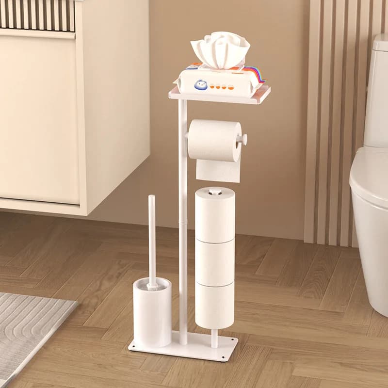 Freestanding Bathroom Tissue Holder — Vertical, Movable Toilet Paper Storage Rack with Nail-Free Design and Integrated Toilet Br