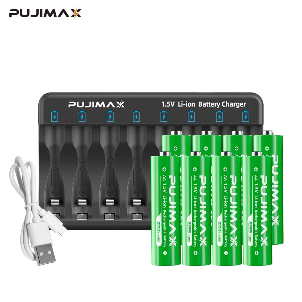 PUJIMAX AA AAA 1.5V caricabatteria al litio ricaricabile set batteria agli ioni di litio con caricabatteria intelligente sicuro e durevole