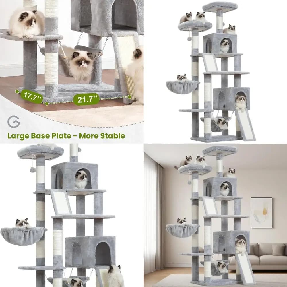 Grande albero per gatti da interno 71 con 2 tiragraffi, 2 posatoi, amaca, grigio chiaro GCT032W
