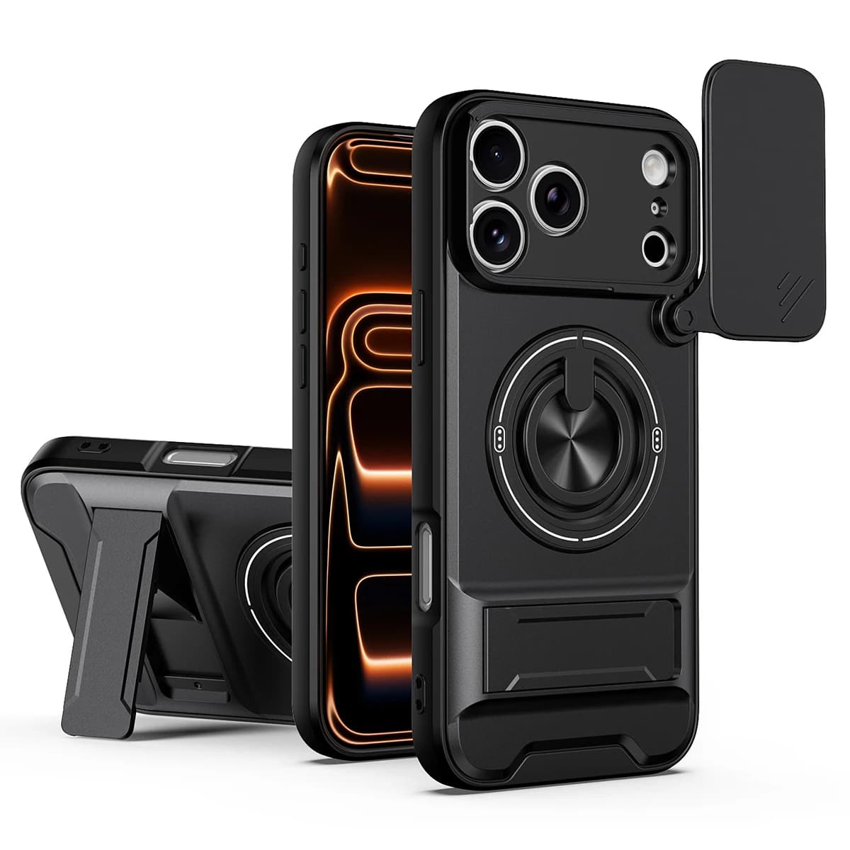 Magnetic Bracket Phone Case, Sliding Camera Lens Cover for Privacy Protection, 360° Rotatable Ring Kickstand, Anti-Slip Shockproof Full-Body Protective Case, Compatible with iPhone 17/16/15/14/13/12/11/Air/Pro Max/Plus