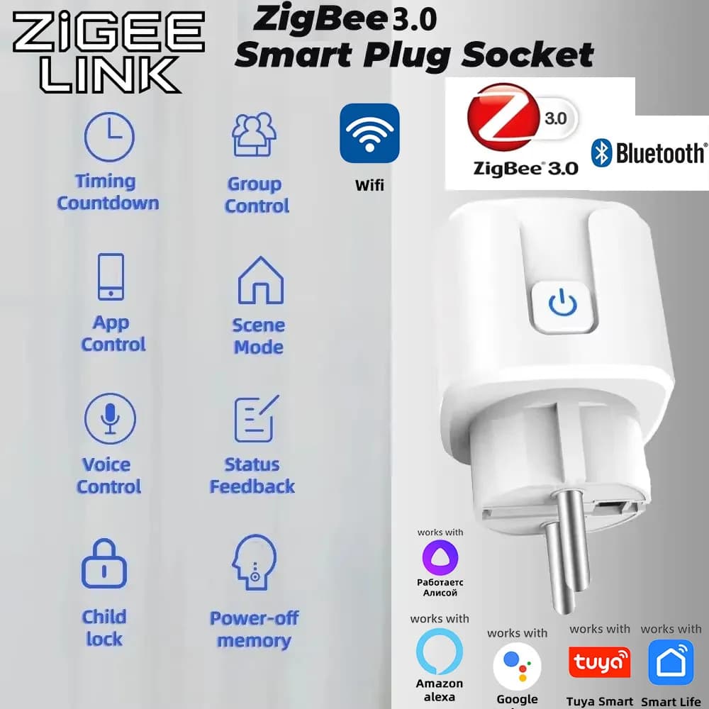 Presa Intelligente TUYA EU WiFi/Zigbee 3.0 16A/20A con Monitoraggio Consumo, Timer e Controllo Vocale tramite Alexa, Google Home, Yandex Alice