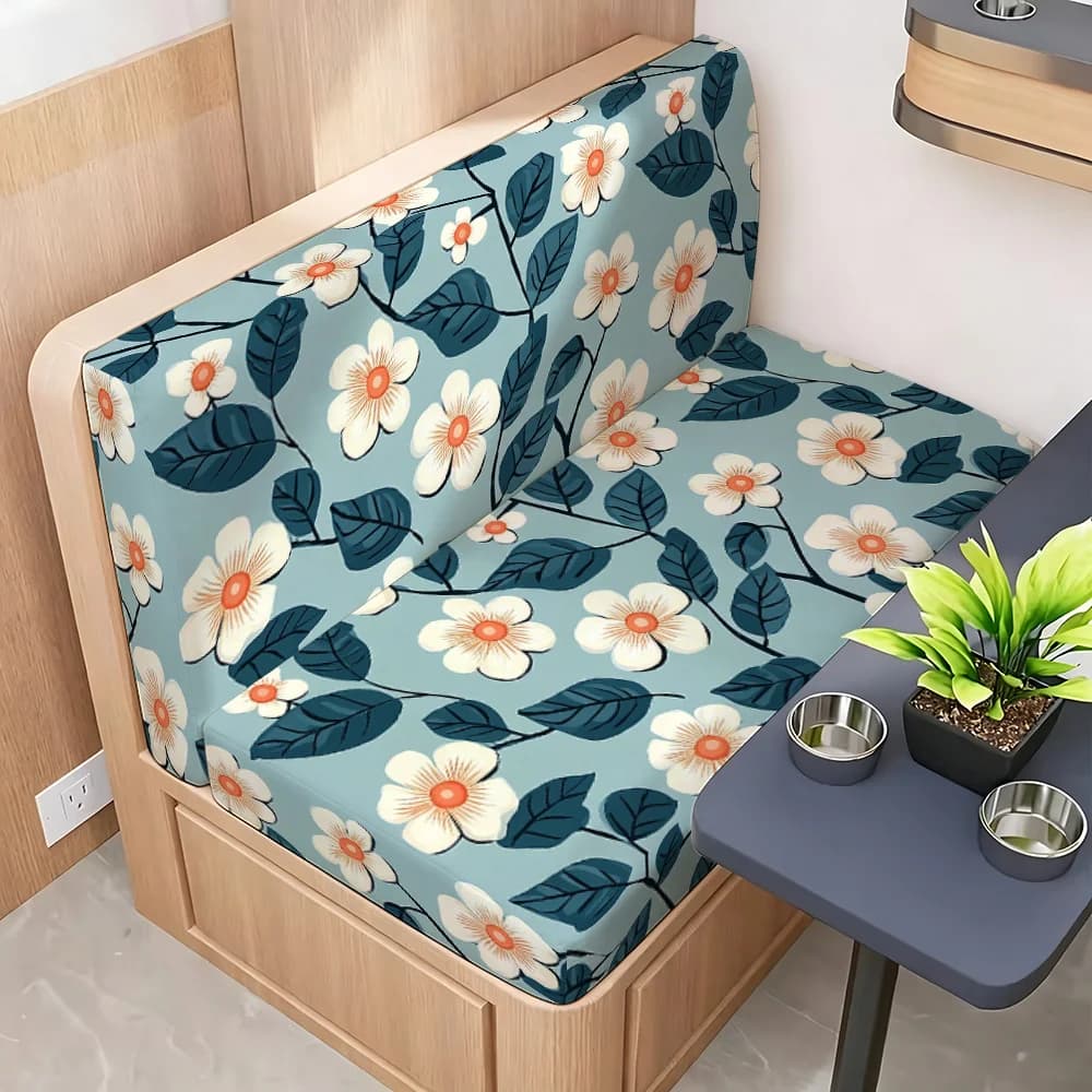 Simple white and orange floral and leaf pattern elastic sofa cover with a blue background,for decorating caravans and camping