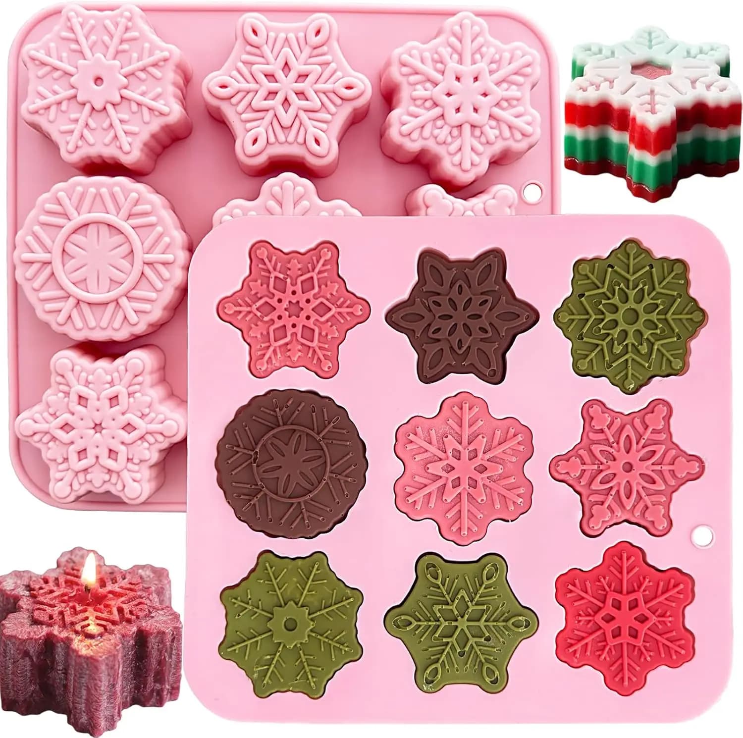 Stampo in silicone per fiocchi di neve Stampo per cioccolato natalizio, 9 forme Stampo per cubetti di ghiaccio per sapone con fiocchi di neve per candele Jello Candy Holiday Artigianato fai-da-te