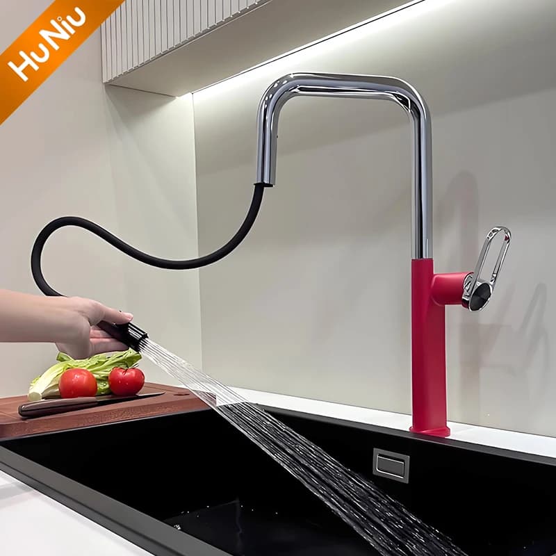 Huniu Rubinetto da cucina estraibile rosso Rubinetti per lavello da cucina Rubinetti per spruzzatore a flusso Miscelatore da cucina girevole Rubinetto per acqua in ottone Gru Oro