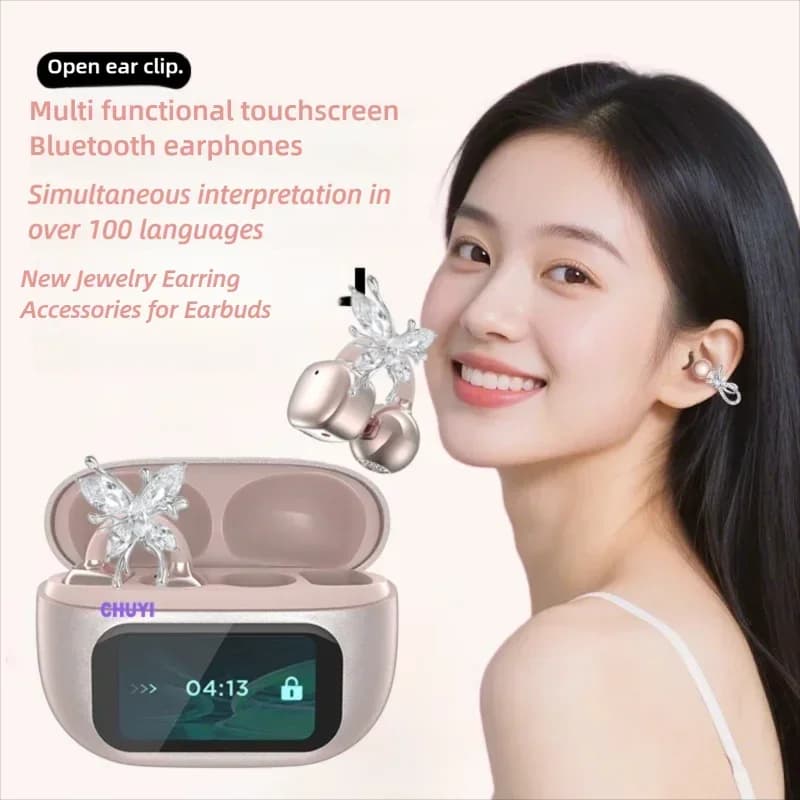Orecchini a Farfalla con Cuffie Bluetooth 5.4, Traduttore AI, Lunga Durata della Batteria, Schermo Touch, Auricolari a Clip per Ragazze, Idea Regalo