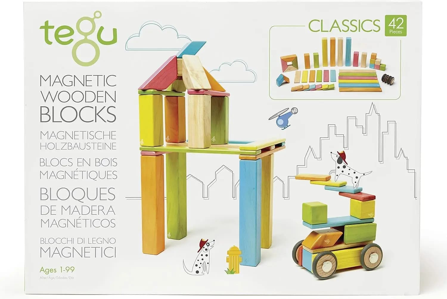 Set di blocchi magnetici in legno Tegu da 42 pezzi, tinture, 1-99 anni