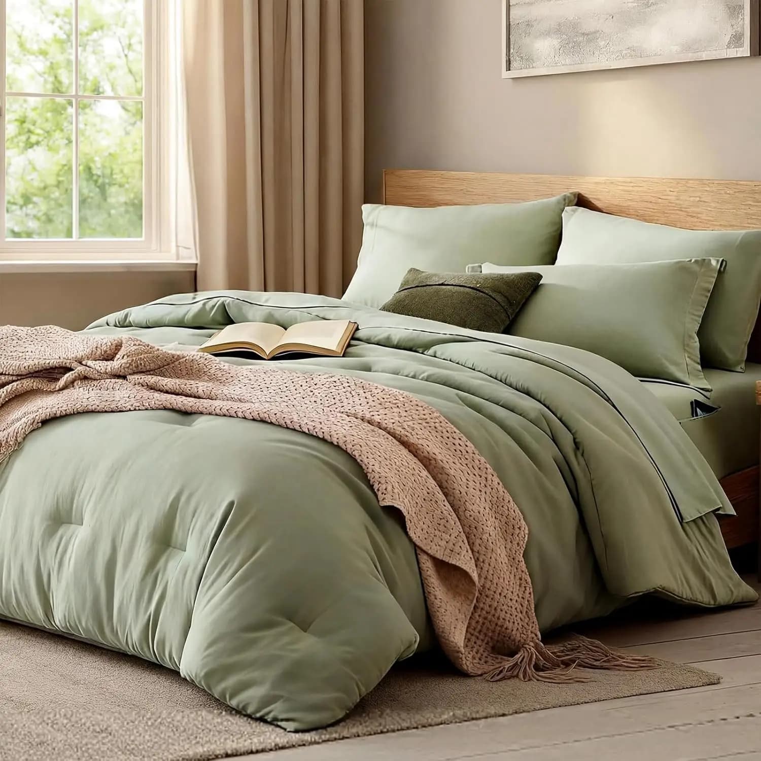 Set Copripiumino Queen - 7 Pezzi Verde Salvia Morbido Set Letto Completo Queen con Lenzuolo con Angoli, Lenzuolo Piatto, 2