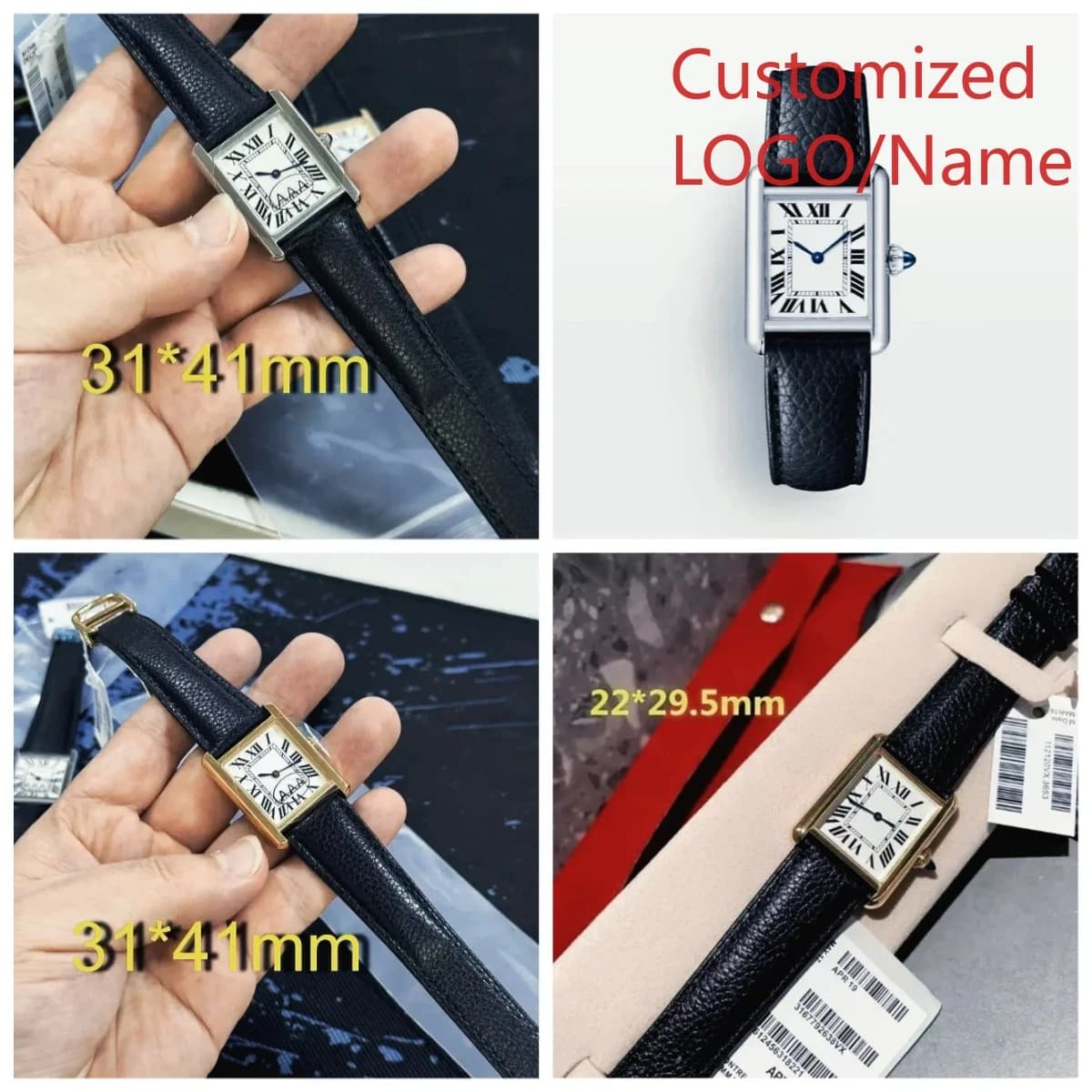 Negozio DONGge, Orologio Personalizzato con Movimento al Quarzo, 22mm 27mm, per Uomo e Donna, Acciaio Inossidabile 904L, Quadrante Quadrato, Cinturino in Pelle Nera, Oro