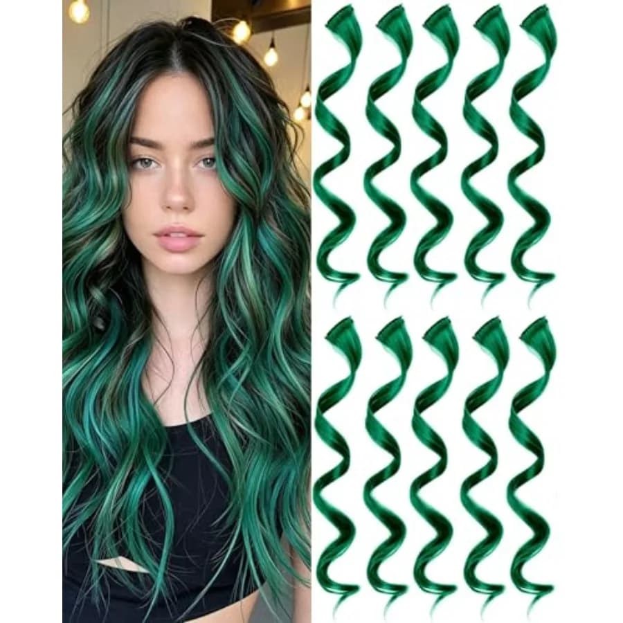 10 PCS Dark Green Clip-in Curly Wavy Synthetic Hair Extensions, Rainbow Neon Party Highlights, Colorful Hair Accessories for,Gi