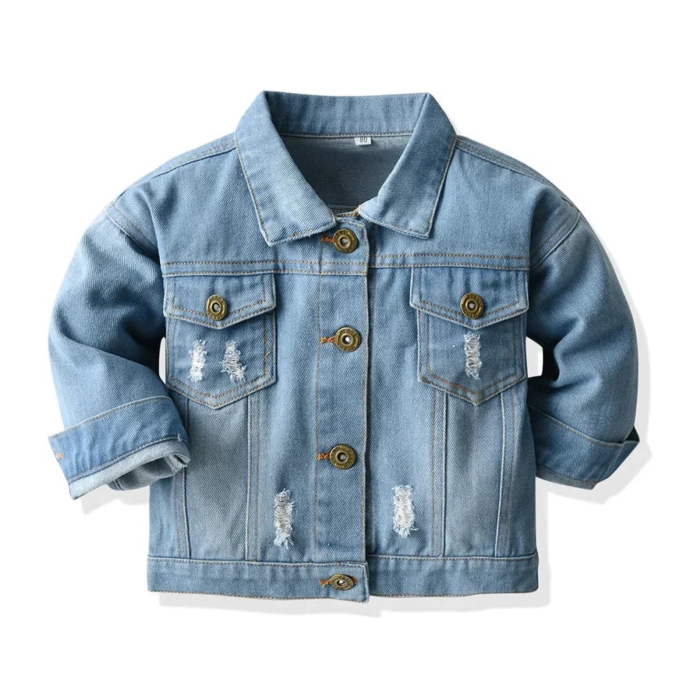 Giacca in Denim Blu Elegante per Bambini e Bambine, Dettagli Effetto Usurato, Tasche Frontali, Bottoni Metallici, Outfit Unisex Multi-Stile