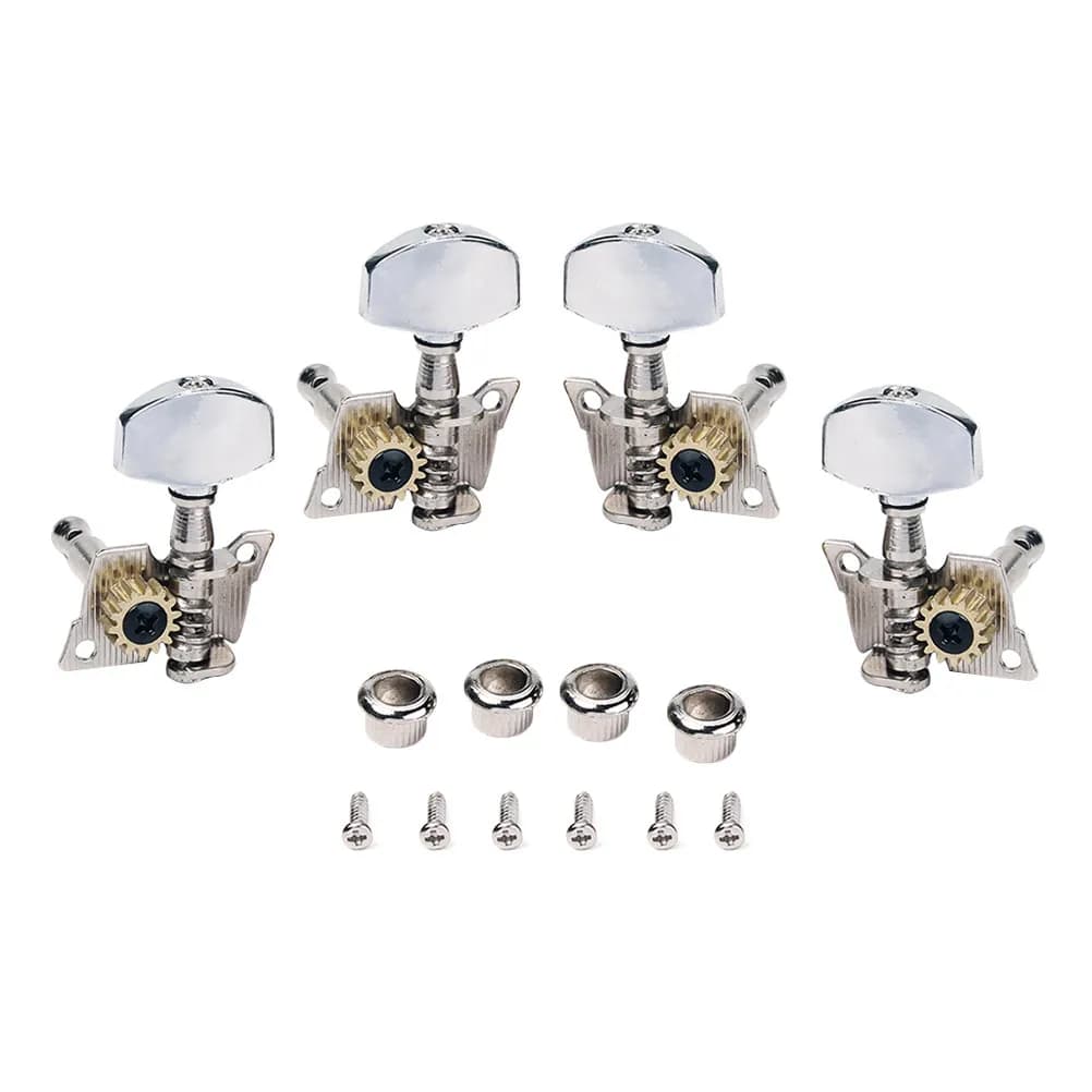 4Pcs 2 Left 2 Right Sealed Ukulele Tuning Machine Heads Nickel Finish Amber Plastic Buttons with Nuts Screws for Acoustic