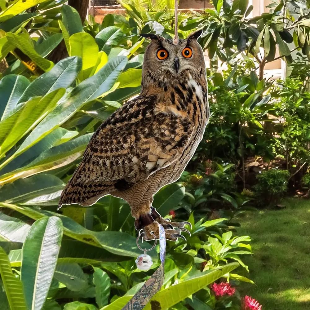 Hanging Bird Repel Scare Devices Owl Scarecrow Waterproof Fake Bird Repellent with Bells Decoration Wind Chime Bird Repeller