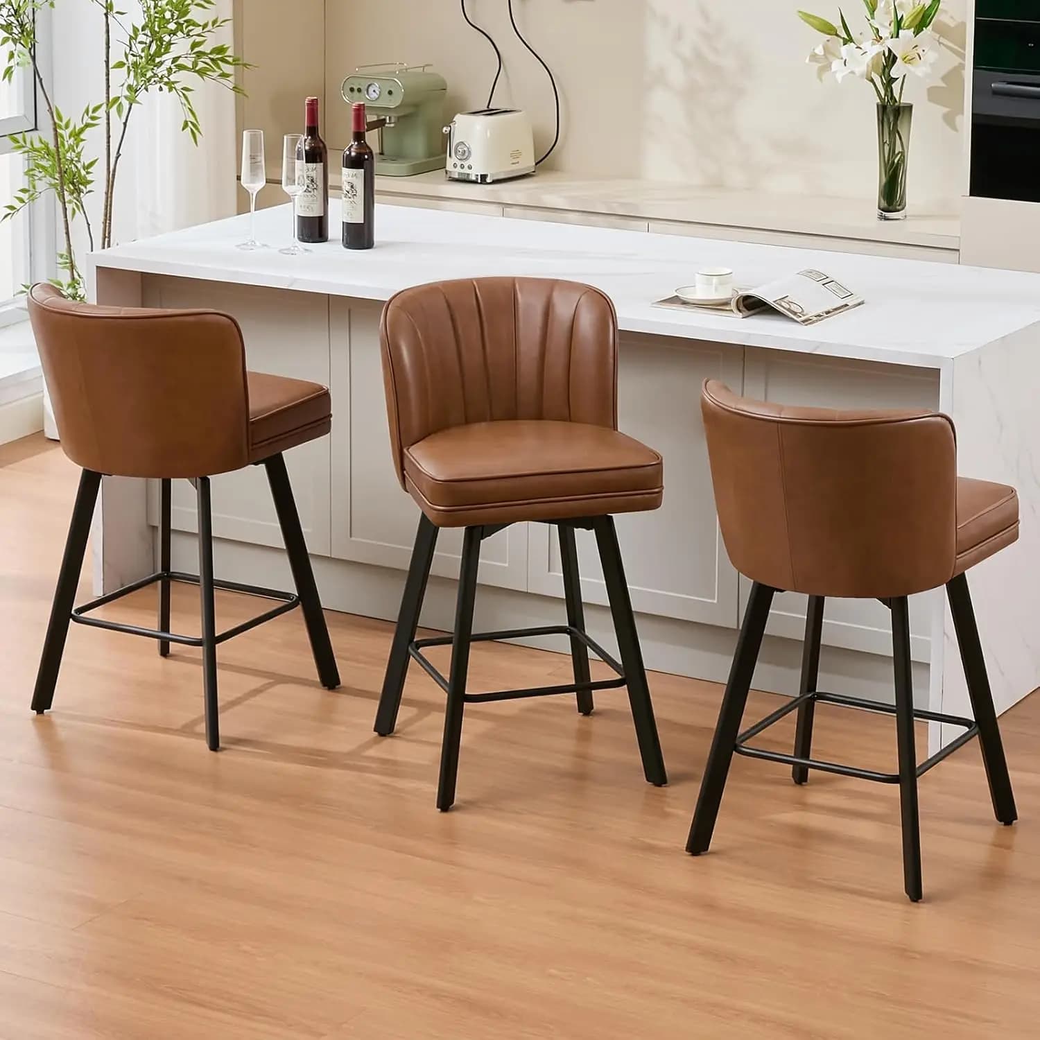 Set di 3 Sgabelli da Bar Girevoli Altezza Bancone, Sgabelli Moderni da 26'' con Schienale e Gambe in Metallo, Sedie da Bar Imbottite, Personalizzabili
