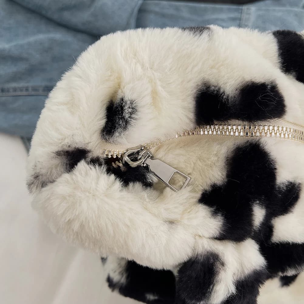 Women Fluffy Shoulder Bag Furry Faux Fur Handbag Zipper Satchel Hobo Bag Plush Underarm Bag Fuzzy Tote Handbag Commuting Bag