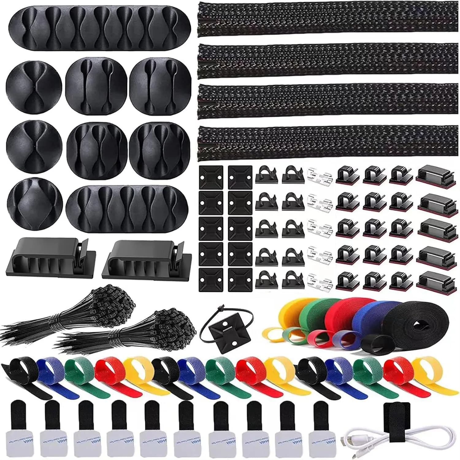Kit di gestione cavi da 300 pezzi con 4 guaine per cavi, 35 fermacavi, 11 supporti per cavi, 20 fascette organizzatrici per cavi, 200 fascette di fissaggio e 20 supporti per fascette a zip per computer, TV e sotto la scrivania.