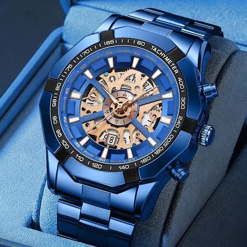 2025 men's quartz watches Top Brand luxury stainless steel waterproof digs out blue big men's wrist watches Relogio Masculino