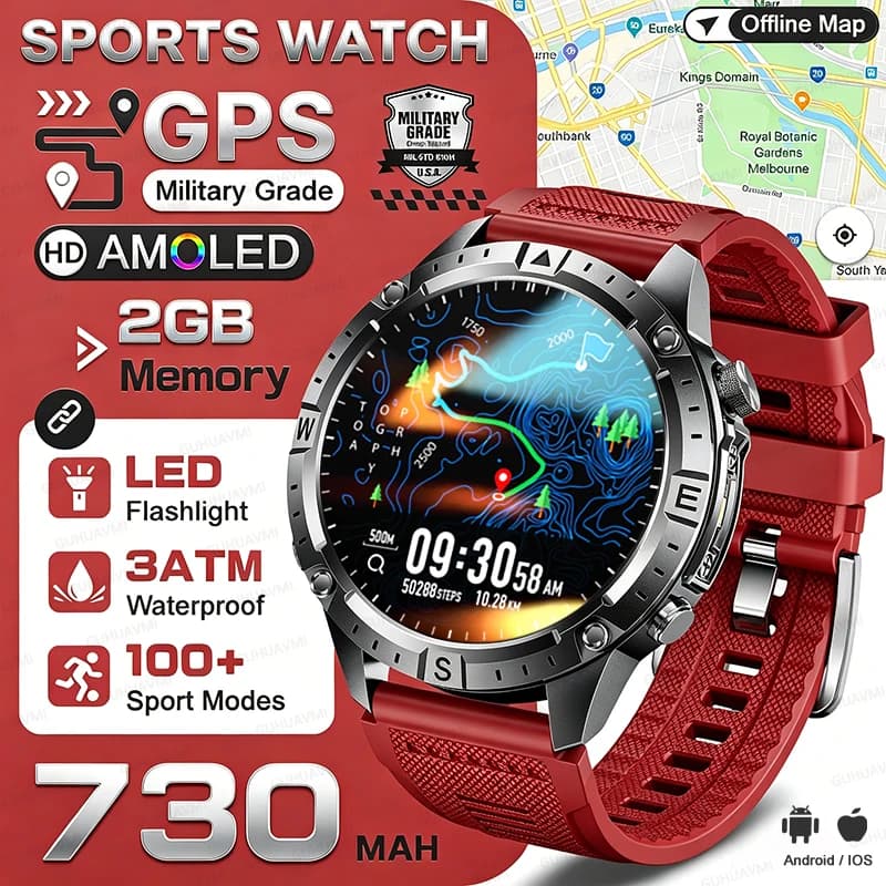 T-Rex3 NUOVO Smartwatch Militare con GPS e Mappe Offline, Batteria 730mAh, Impermeabile 3ATM, Bussola, Cardiofrequenzimetro, 2GB, Chiamate Bluetooth