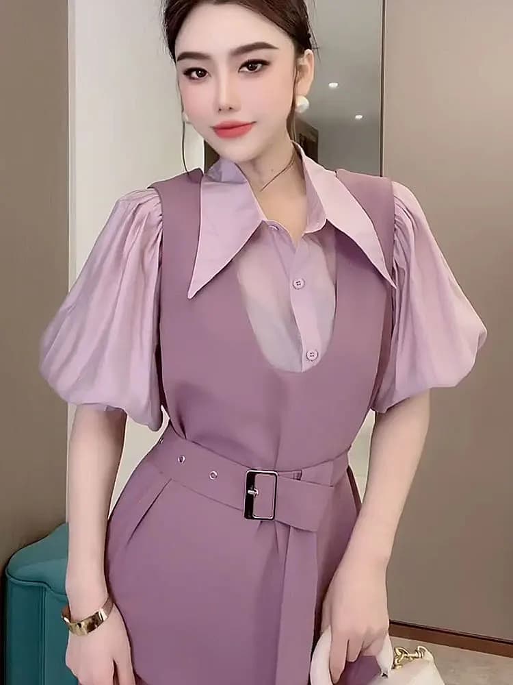 Completo Abito Estivo da Donna con Spalline Effetto Snellente, Taglie Forti, alla Moda, con Camicia e Vestito a Due Pezzi che Modella la Vita e Nasconde le Forme