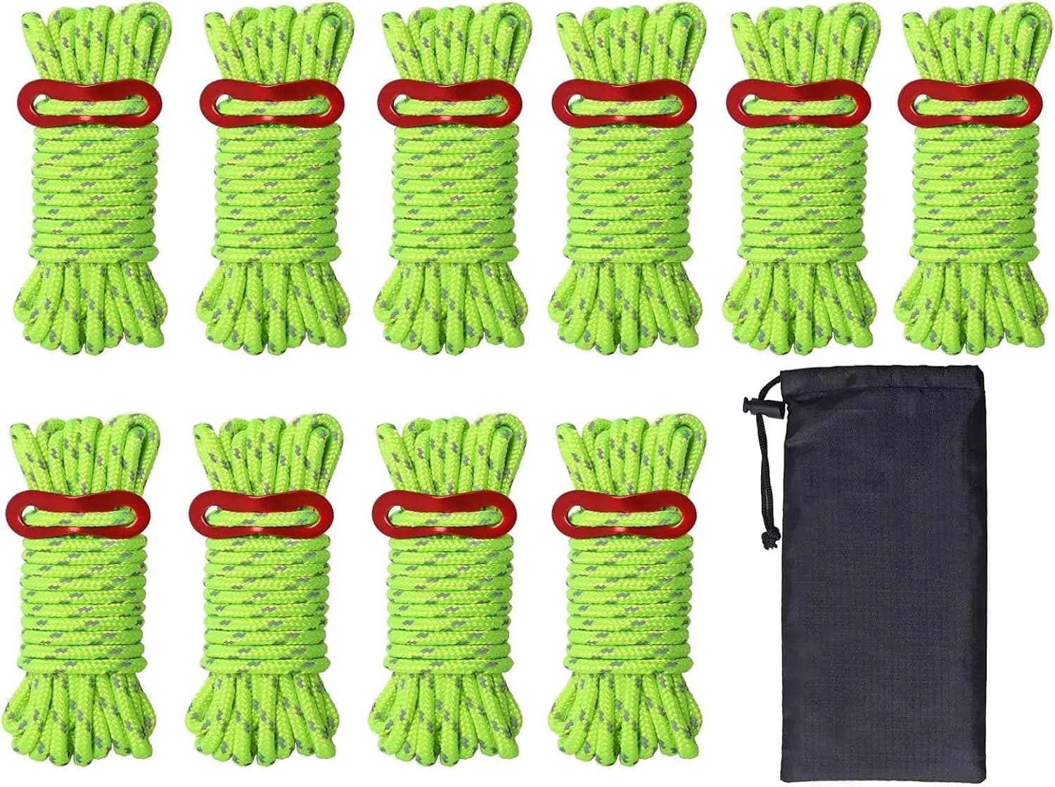 Confezione da 10 Corde da Campeggio Riflettenti da 4mm con Tensionatori in Alluminio, Corde per Tende in Nylon