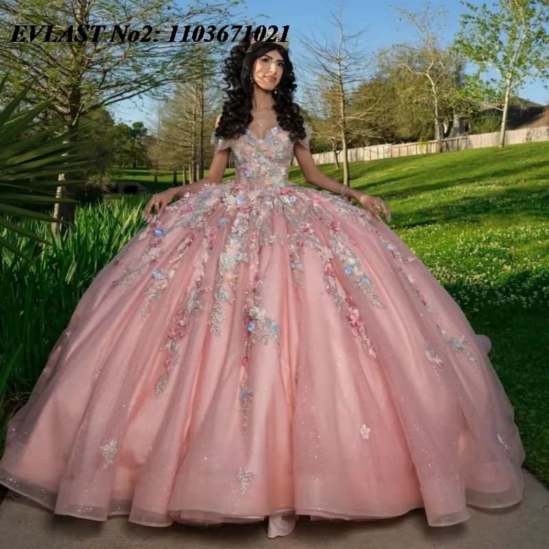 EVLAST Personalizzato Principessa Rosa Abito Quinceanera Abito di Sfera Fiori 3D Applique Che Borda Dolce 16 Abiti Da 15 Anos E2Q34