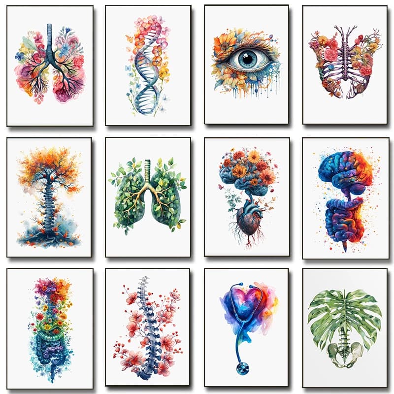 Poster di Anatomia degli Organi Umani, Polmoni Floreali, Acquerello, Neurologia, Psicologo, Pittura Diamantata, Quadro da Parete per Studio Medico