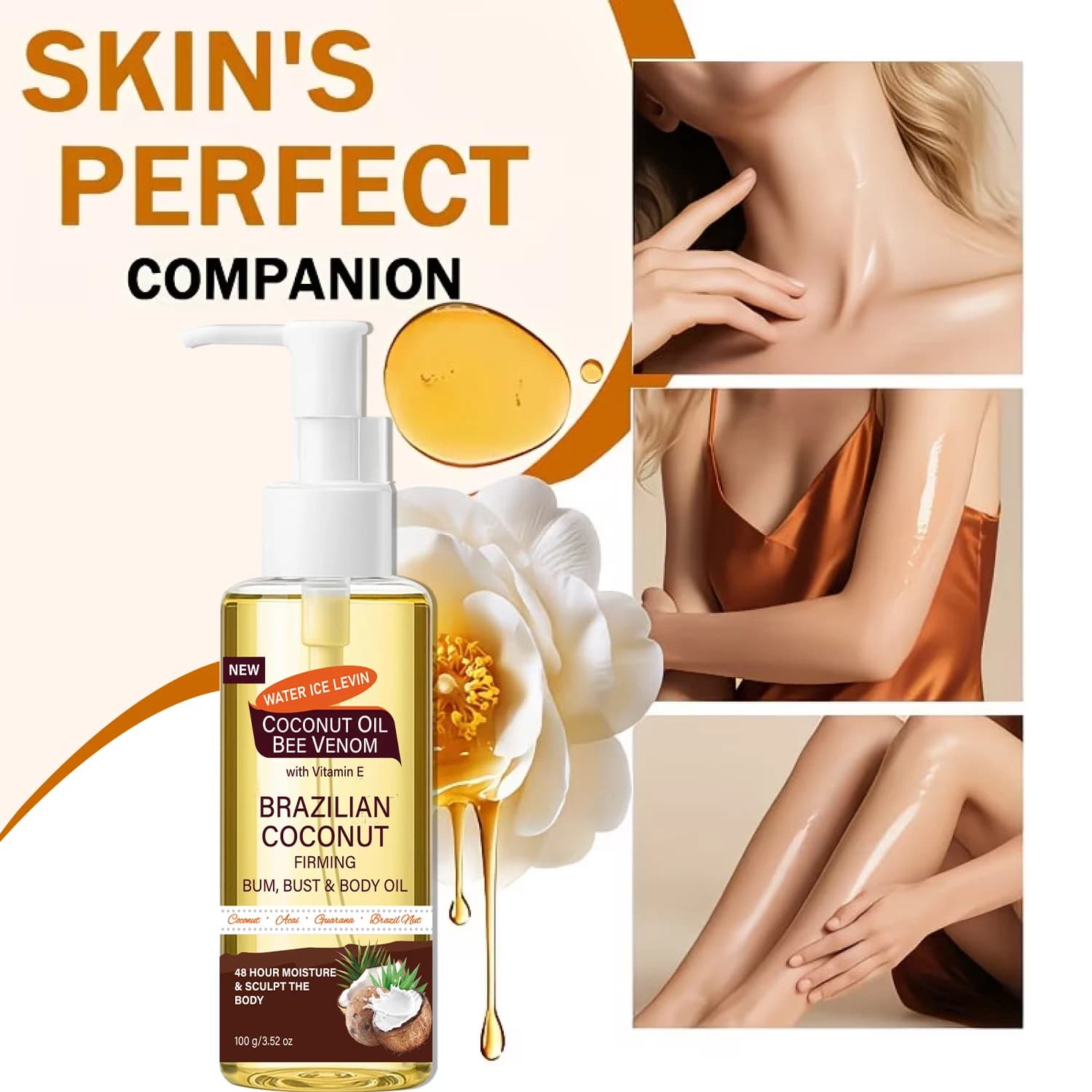 Olio Corpo Brasiliano Rassodante al Cocco Levin Water Ice con Olio di Cocco, Veleno d'Api e Vitamina E, Idratazione 48H, Modella il Corpo, 100g