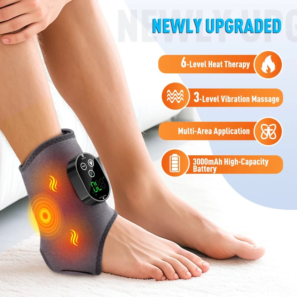 Ankle Massager Heated Wrap Dual Motor 3 Speeds 6 Heat Levels Timer Type-C Rechargeable 3000mAh for Foot Calf Arm Home Travel
